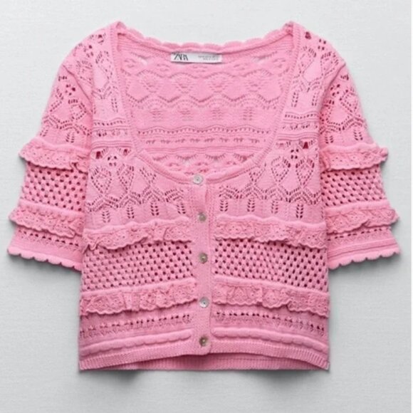NEW ZARA Pink Cotton Knit Crochet Crop Top: Cottagecore Cardigan - Picture 6 of 16